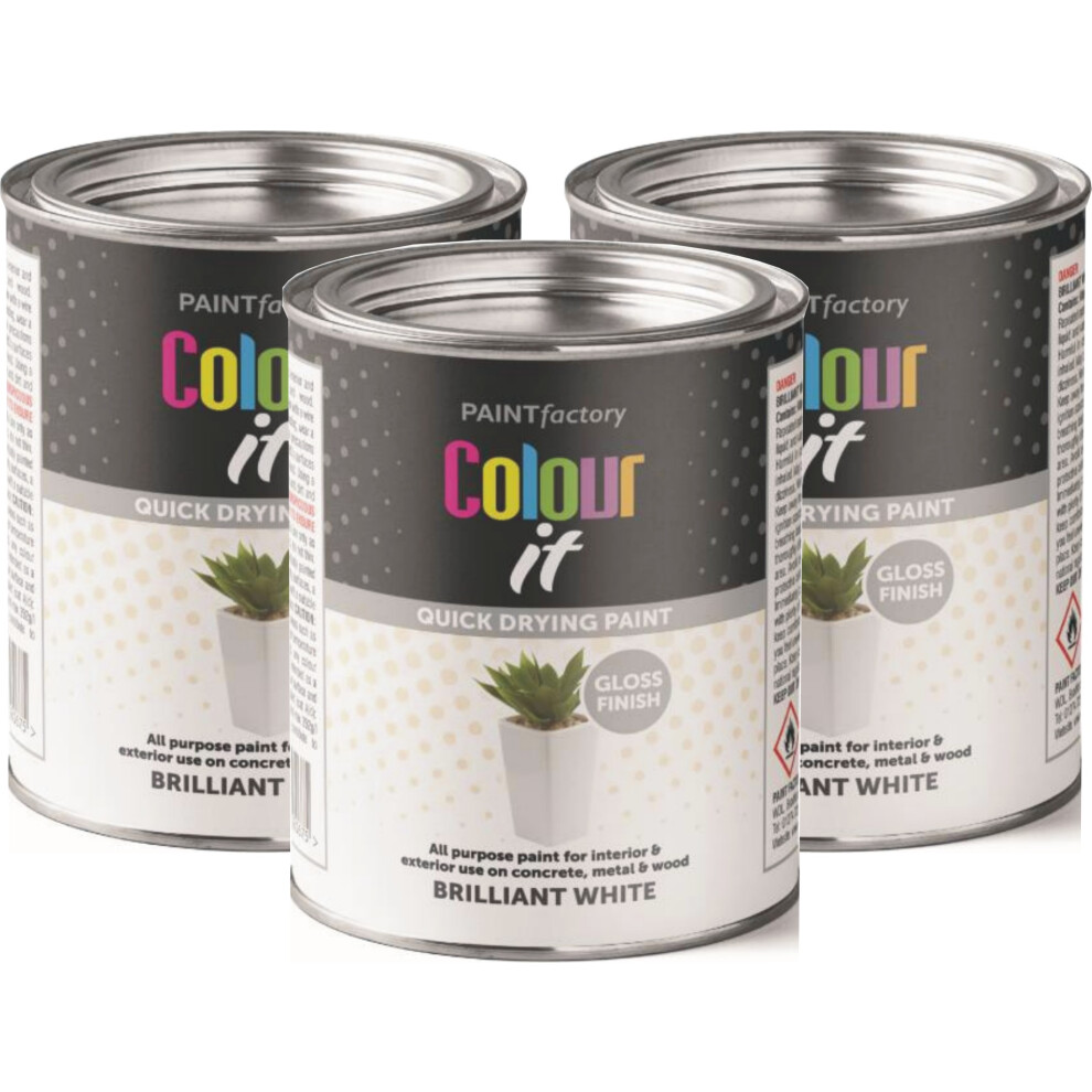 3 X 300Ml Brilliant Paint Tin White Gloss Finish Quick Dry Paint 5061097230751
