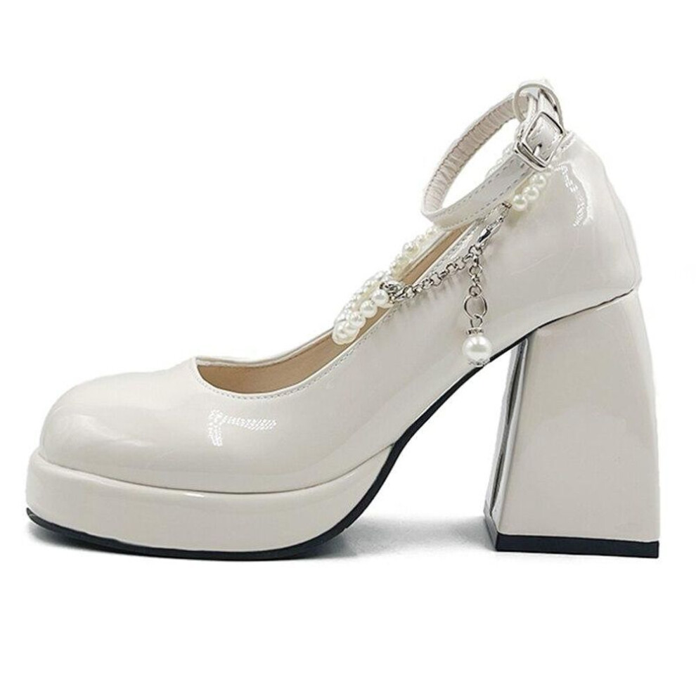 (beige, 37) Vintage High Heels Mary Jane Shoes for Women 2023 Patent Leather Platform Pumps Woman Pearls Chain Thick-Heeled Shoes Female