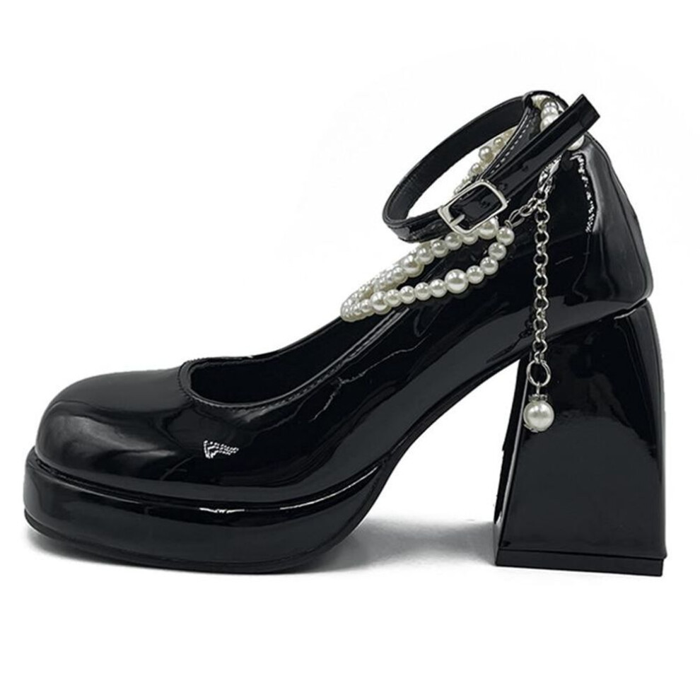 (black, 38) Vintage High Heels Mary Jane Shoes for Women 2023 Patent Leather Platform Pumps Woman Pearls Chain Thick-Heeled Shoes Female