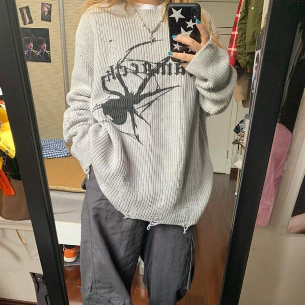 (gray, M) Milang girl Spider Print Harajuku Sweater Women Gothic Vintage Ripped Grunge Jumper Streetwear Korean Oversize Hiphop Pullover