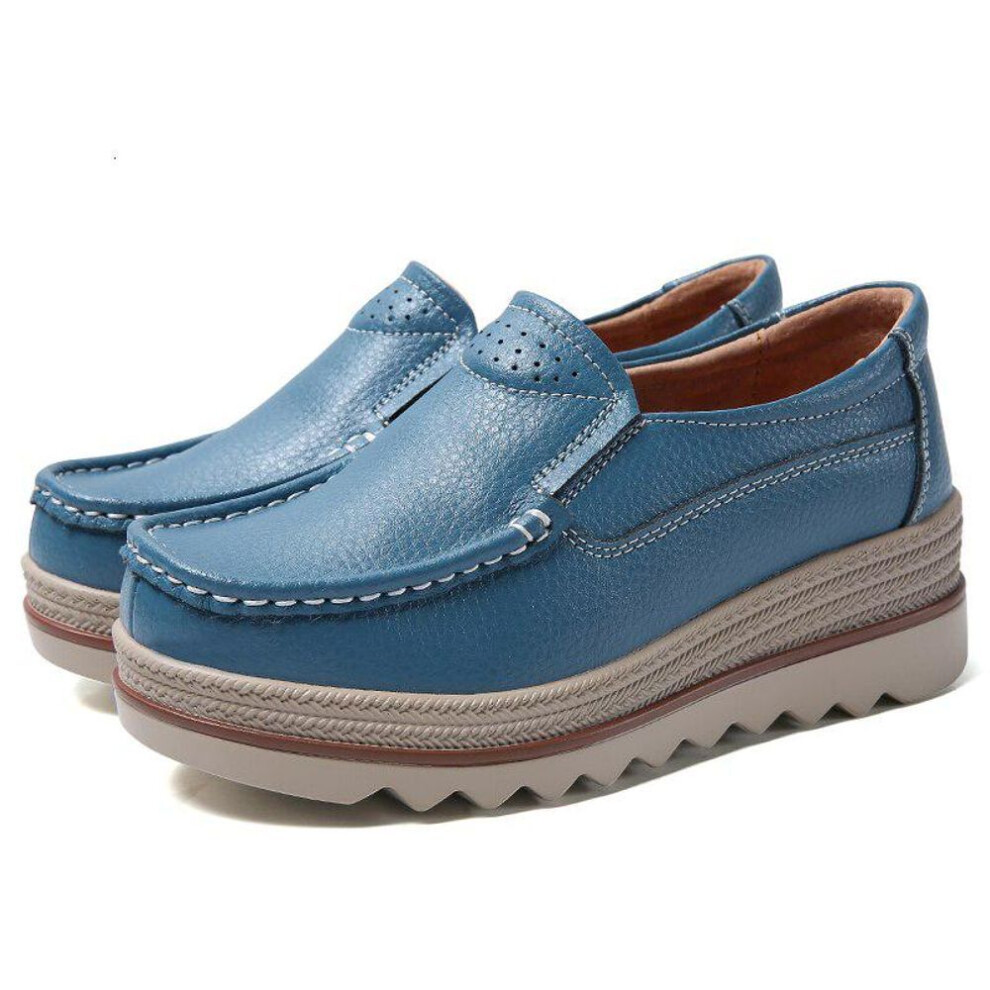 (blue, 38) PU Leather Loafers For Women Slip-on Flat Shoes Fashion Platform Walking Footwear Light Ladies Flats