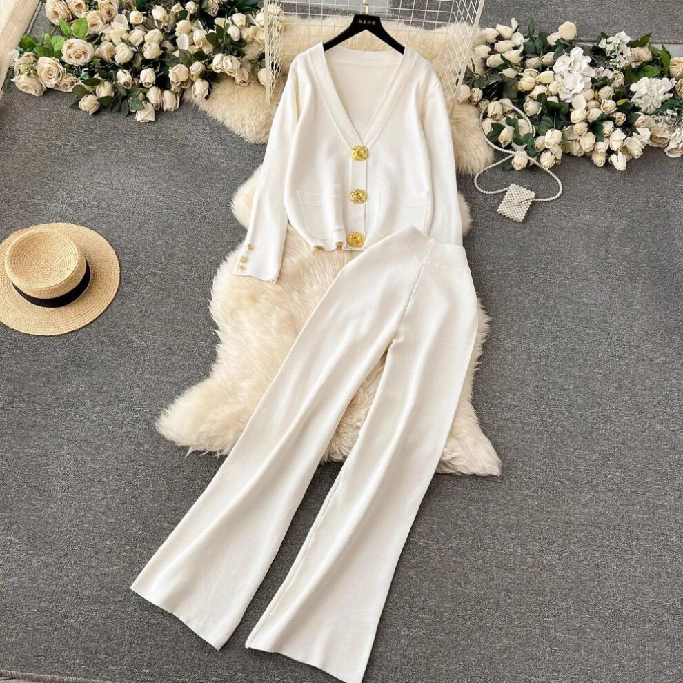 (white, One Size) Autumn Winter Golden Buttons V Neck Pocket Cardigan Sweaters + Wide Leg Pants Tracksuits Long Two Piece Set Thick Clothing