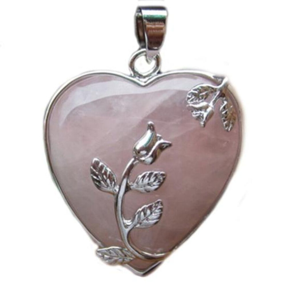 Women&apos;s Rose Quartz Alloy Flower Necklace Pendant Heart Inlaid Charm Jewelry