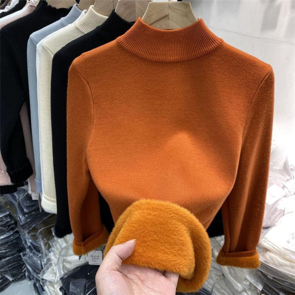 (orange, S) Korean Turtleneck Slim Thicken Knitted Pullovers Woman Winter Plus Velvet Sweater Casual Fleece Lined Warm Knitwear Tops