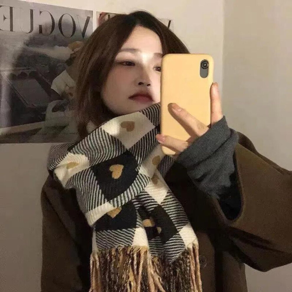 (Black, 60*200cm) WTEMPO Women&apos;s Autumn Winter Sweet Scarf Korean Style Plaid Small Love Pattern Christmas Warm Vintage Warm Scarf