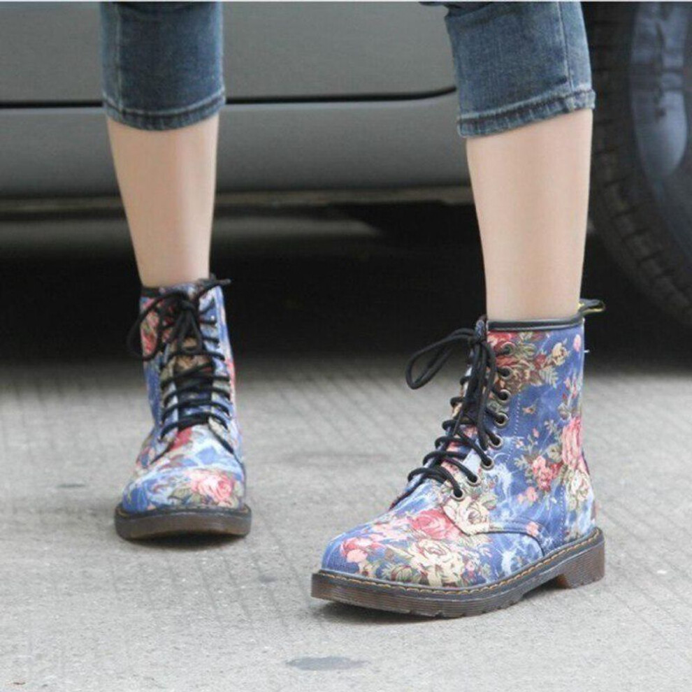 (blue, 35) Fashion Autumn Beautiful Flower Shoes Woman Lace-Up Motorcycle Cow Muscle Cowboy Flat Ankle Boots