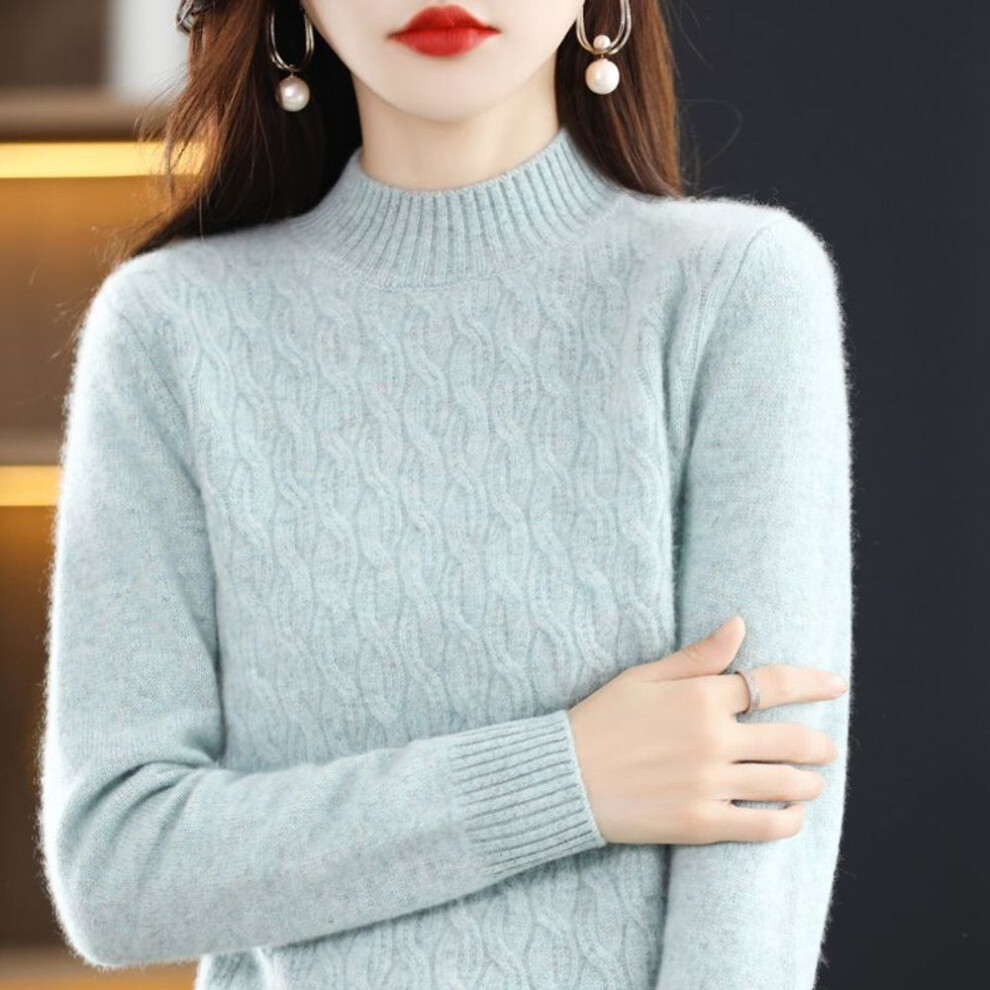 (sky blue, One Size) Pullover sweater female half high collar autumn and winter twisted cashmere sweater loose knit bottom sweater female