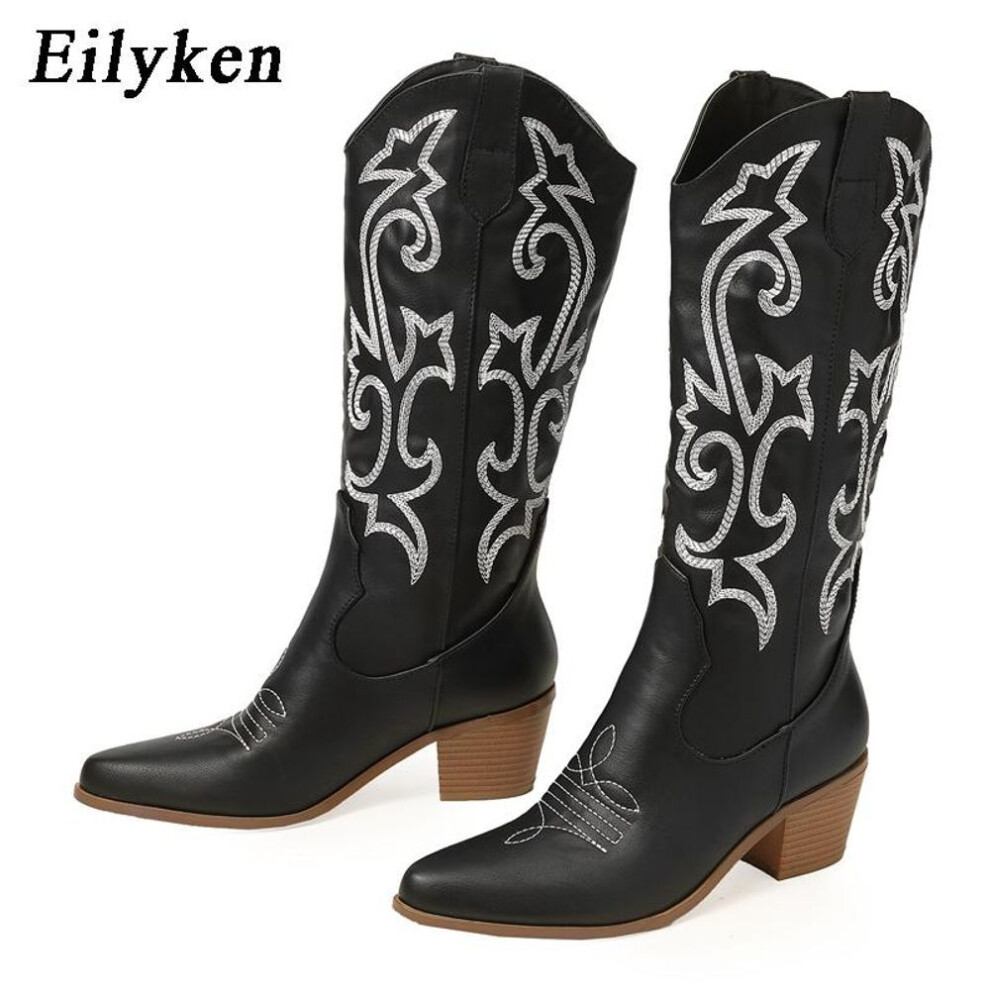 (black, 38) Eilyken Retro Autumn Winter White Knee High Boots Big Size 42 Women Comfy Walking Female Western Cowboy Boot For Dropshipping