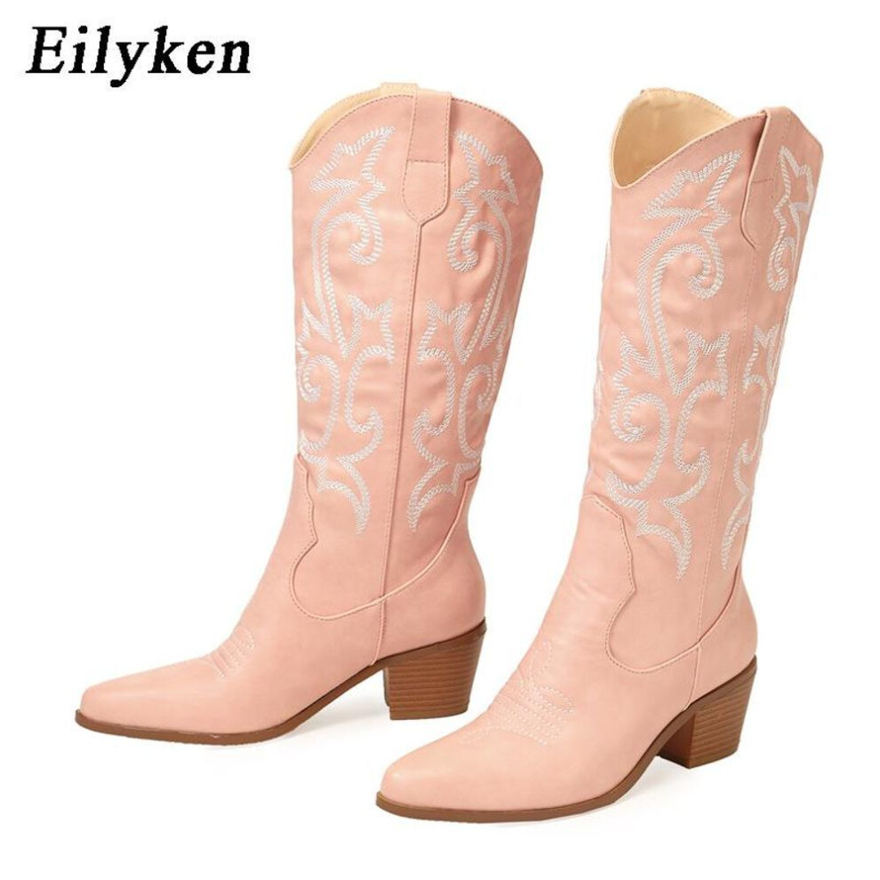 (pink, 38) Eilyken Retro Autumn Winter White Knee High Boots Big Size 42 Women Comfy Walking Female Western Cowboy Boot For Dropshipping