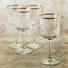 (4) 330ml Tall Stemmed Red Wine Glasses Dinner Cups Gold Rim