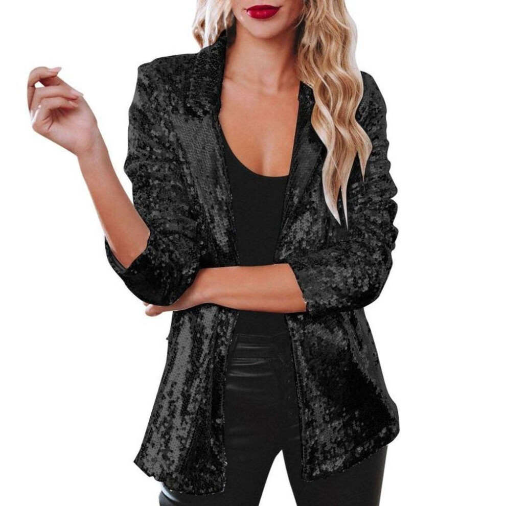 (black, 3XL) Women&apos;s Summer Beaded Sequins Long-sleeved Temperament Suit Jacket