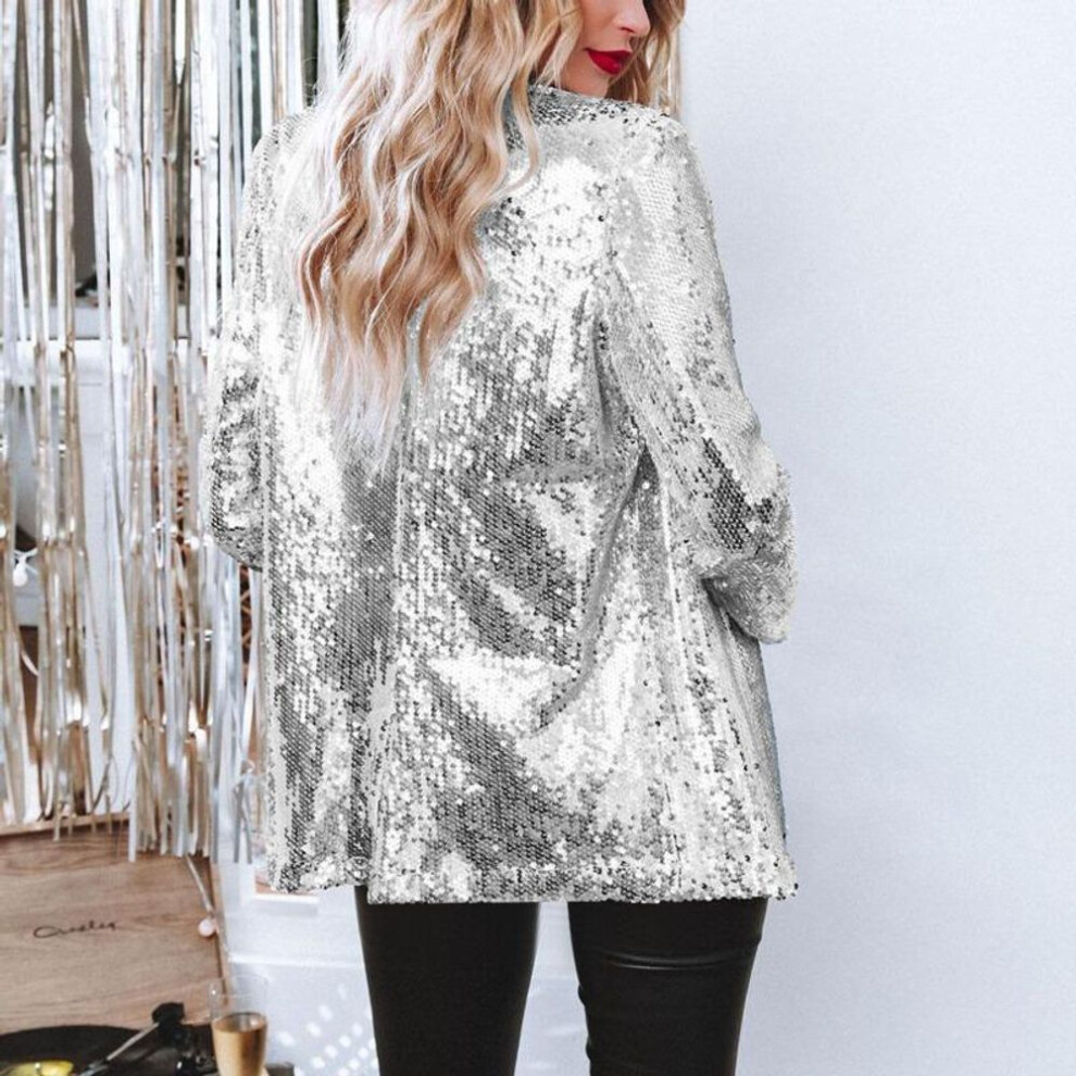 (silver, S) Women&apos;s Summer Beaded Sequins Long-sleeved Temperament Suit Jacket