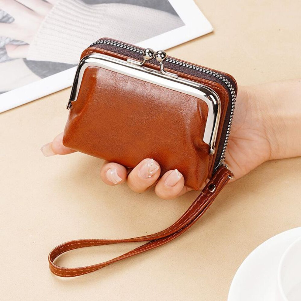 (brown, 11x4x7cm) Yogodlns Womens Wallet Small Ladies Compact PU Leather Vintage Card Holder Coin Purse With Zipper Vintage Clip Organ Wrist Bag