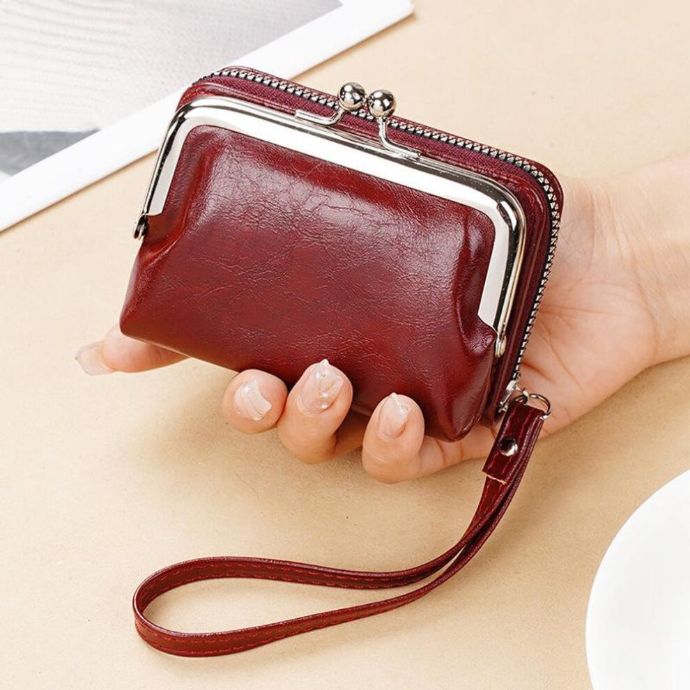 (wine red, 11x4x7cm) Yogodlns Womens Wallet Small Ladies Compact PU Leather Vintage Card Holder Coin Purse With Zipper Vintage Clip Organ Wrist Bag