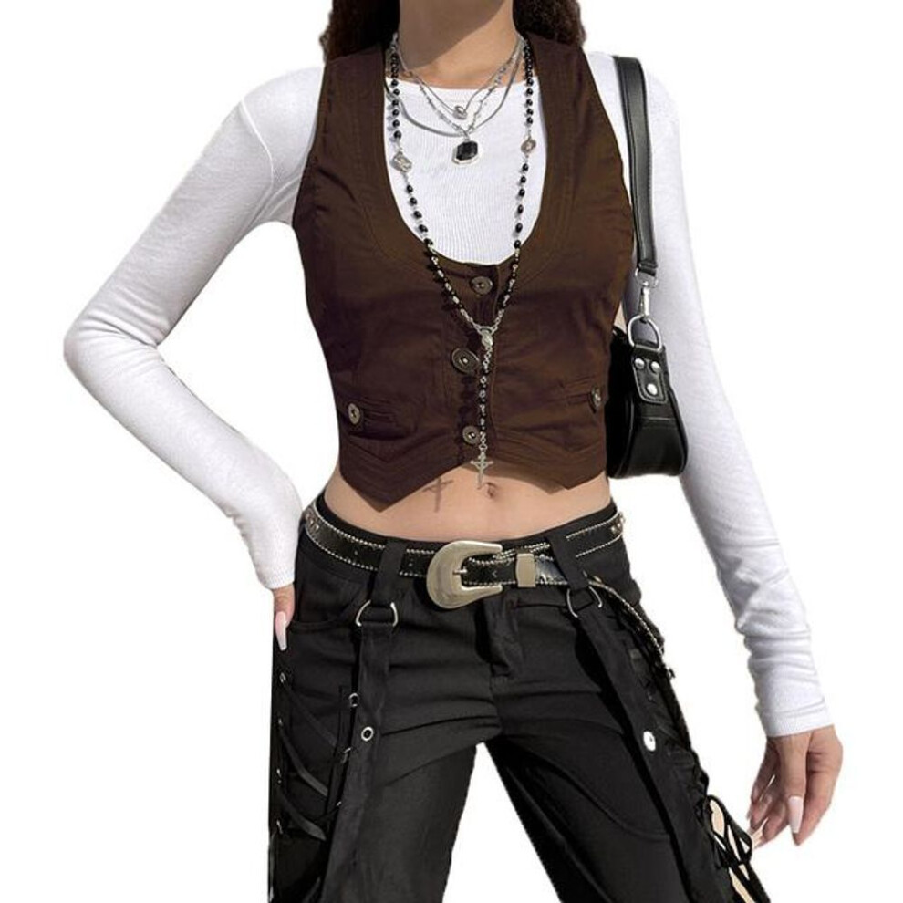 (brown, M) Punk Style Women&apos;s Dressy Waistcoat Racerback Vest Vintage U-shaped Neck Steampunk Jacquard Weskit Chic Design 2023