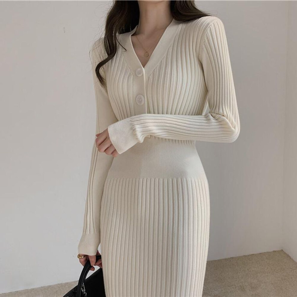 (apricot, L) Autumn Winter Women&apos;s Dress Button V-neck Knitted Party Long Sleeve White Long Dress Bodycon Casual Elegant Ladies Dresses Harajuku