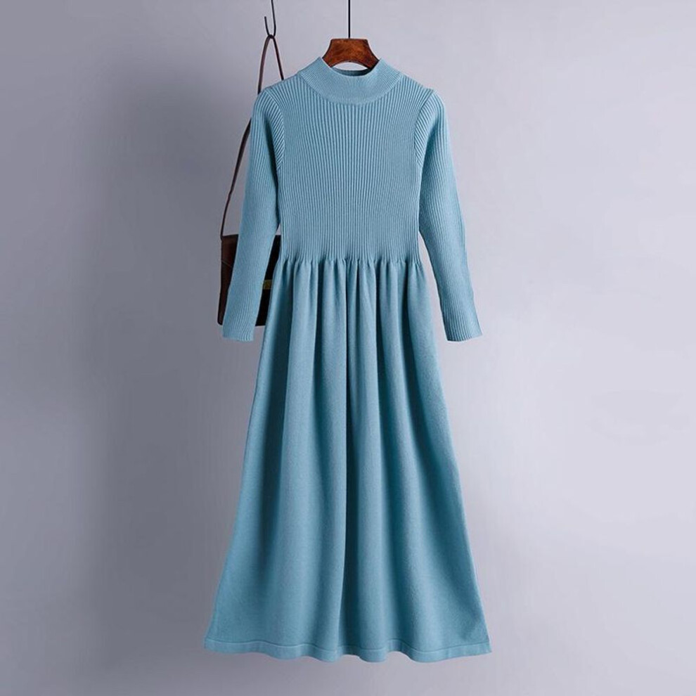 (blue, One Size) Women Spring Chic Solid Knitted Sweater Dress Full Sleeve Half High Collar Ladies Temperament Black Blue Khaki Apricot Fuchsia