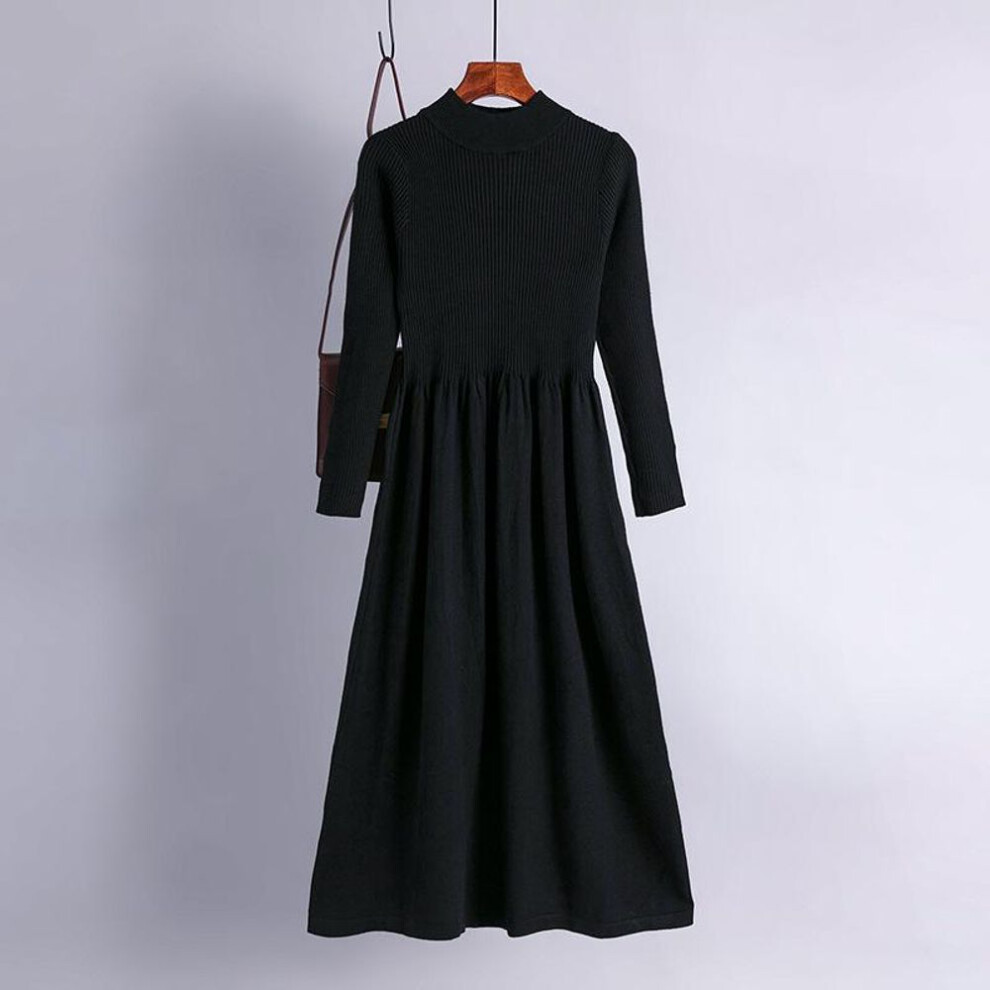 (black, One Size) Women Spring Chic Solid Knitted Sweater Dress Full Sleeve Half High Collar Ladies Temperament Black Blue Khaki Apricot Fuchsia