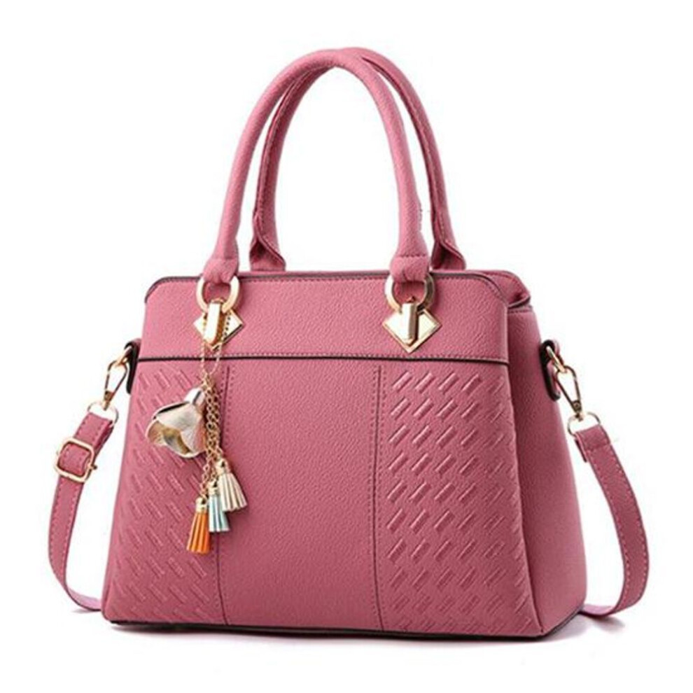 (dark pink, 31cm*14cm*23cm) Women Tassel Leather Handbags Tote Top-handle Embroidery Shoulder Bag