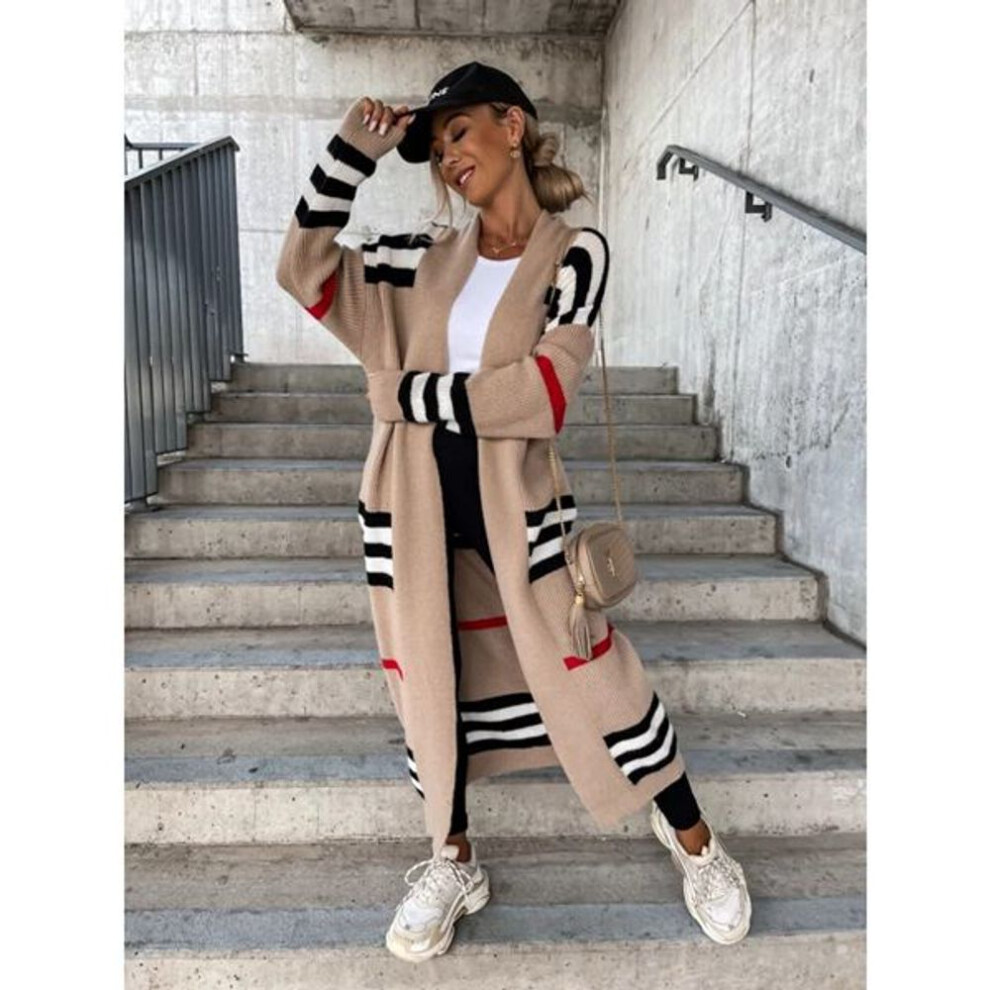 (camel, XXL) Autumn Winter Knitted Cardigan Women Striped Patchwork 2022 Elegant Loose Long Outerwear Maxi Y2k Sweater Coat Soft Jacket