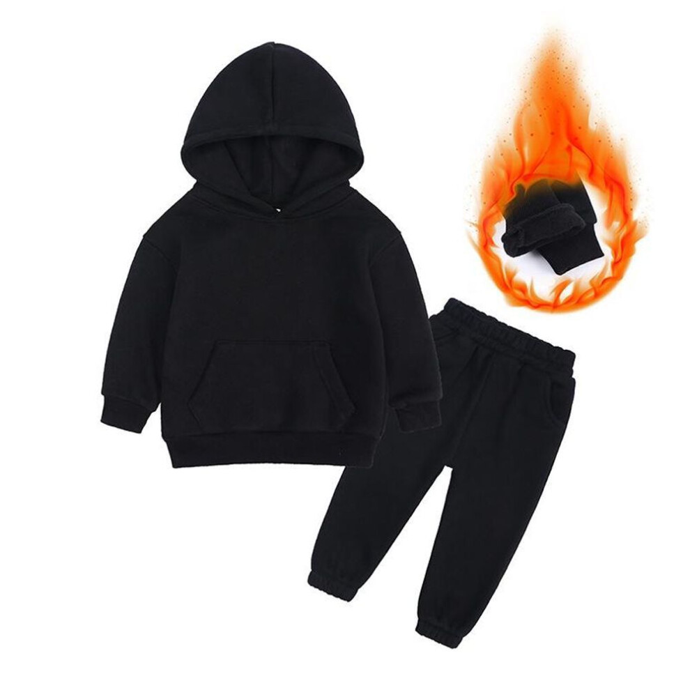 (black, 100cm) Winter Children Set Cotton Casual Fleece Thicken Hoodie Trousers Two Piece Boys Girls Tracksuit 10 12 Years Kids Clothes