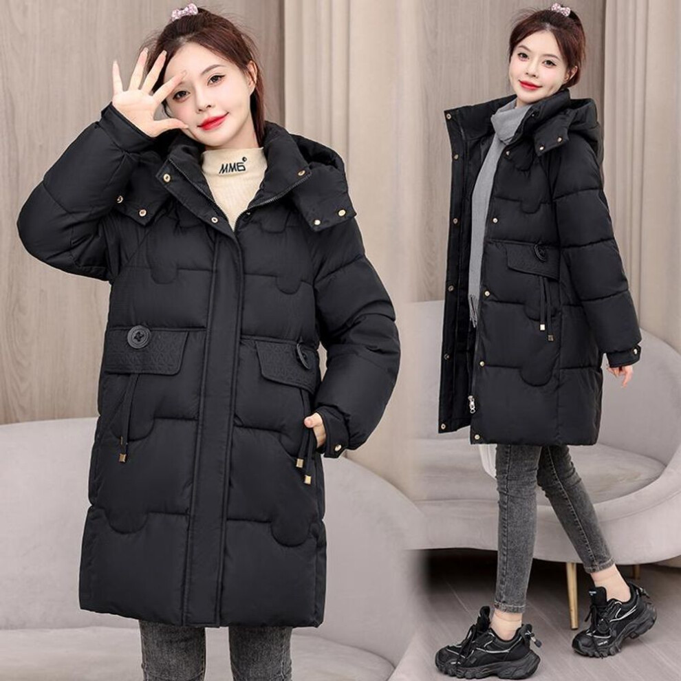 (black, XXL) Autumn Winter Thick Warm Medium Long Coat Women Slim Solid Color Hooded Jacket Parkas Zipper Outwear M-XXXL