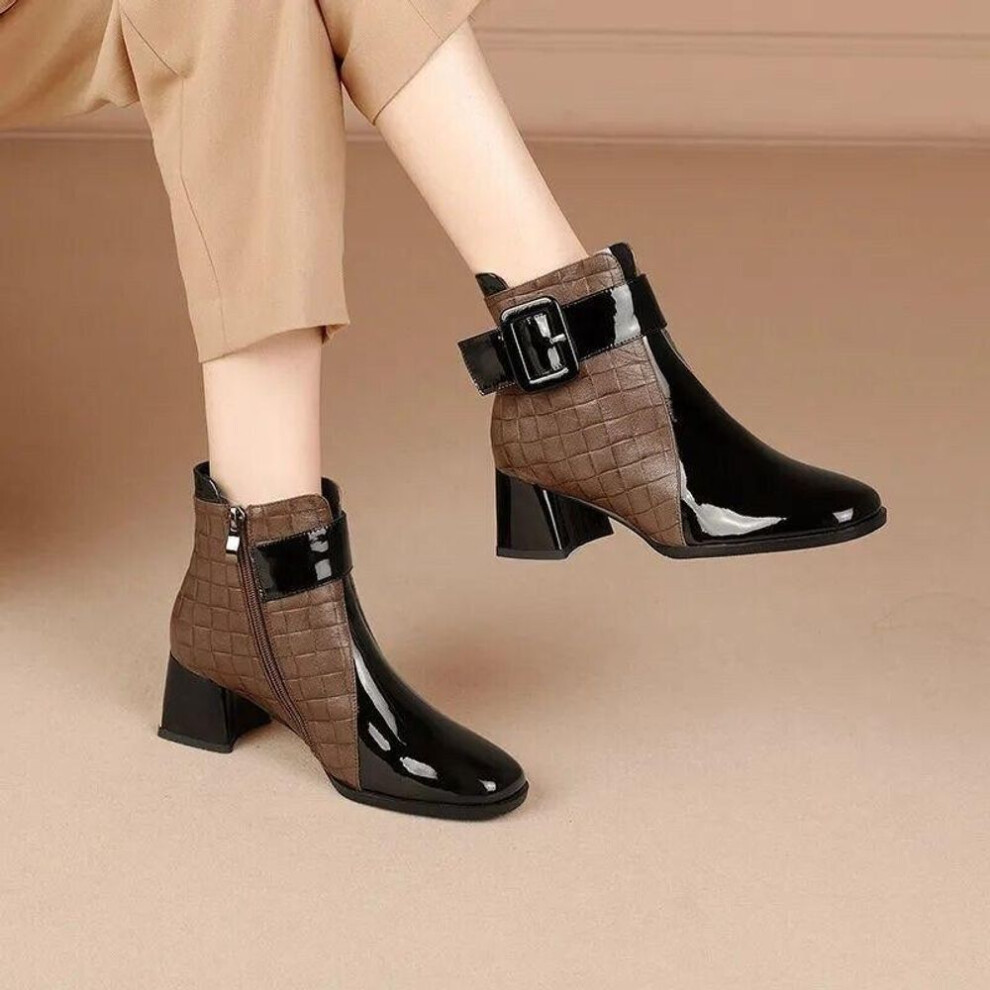 (coffee, 35) Women Ankle Boots Pu Leather Thick High Heel Short Boots Winter Zip Square Toe Shoes Lady Women Shoes Platform Boots