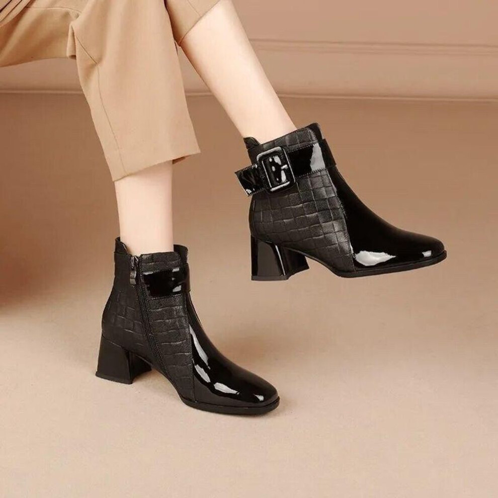 (black, 35) Women Ankle Boots Pu Leather Thick High Heel Short Boots Winter Zip Square Toe Shoes Lady Women Shoes Platform Boots