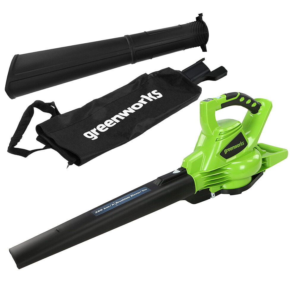 Greenworks GD40BV Cordless Leaf Blow Vac with Brushless Motor, 280km/h, 9.63m?/min, 45L Mulching Bag WITHOUT 40V Battery & Charger, 3 Year Guarantee