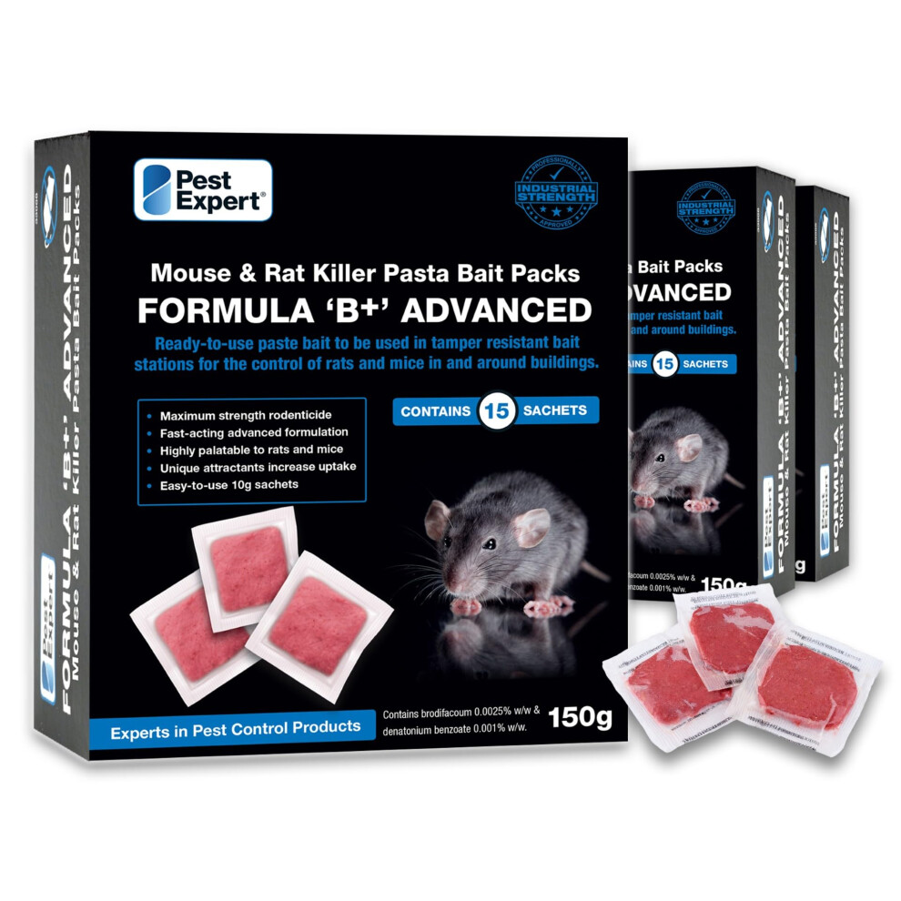 Pest Expert Formula B+ Advanced Rat & Mouse Poison Pasta Bait Sachets 450g (3 x 150g) Maximum Super Strength - Single Feed Brodifacoum-image-OPC-PHHDYP7-NEW