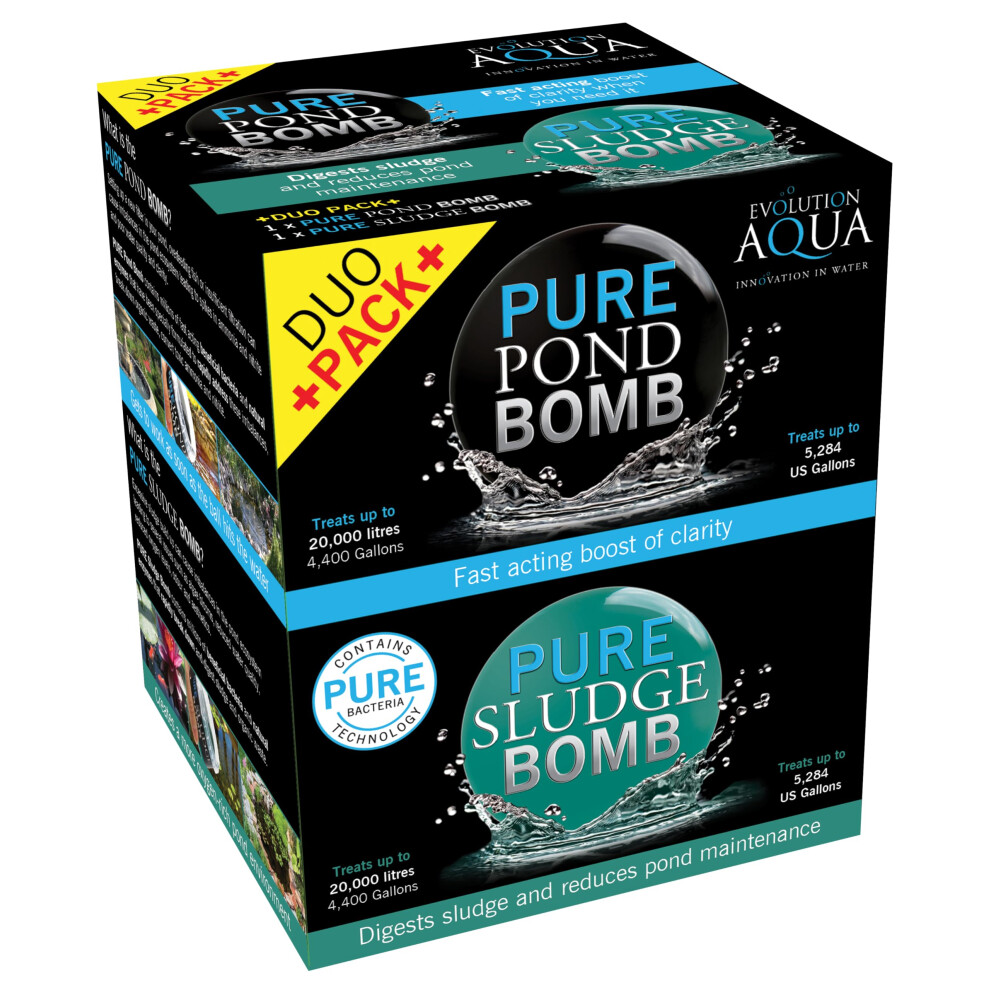 Evolution Aqua Pure Duo Pack Pond Bomb & Sludge Bomb Pond Clear Water Treatment Pond Sludge Remover - Duo Value Pack Offers Complete Natural Pond