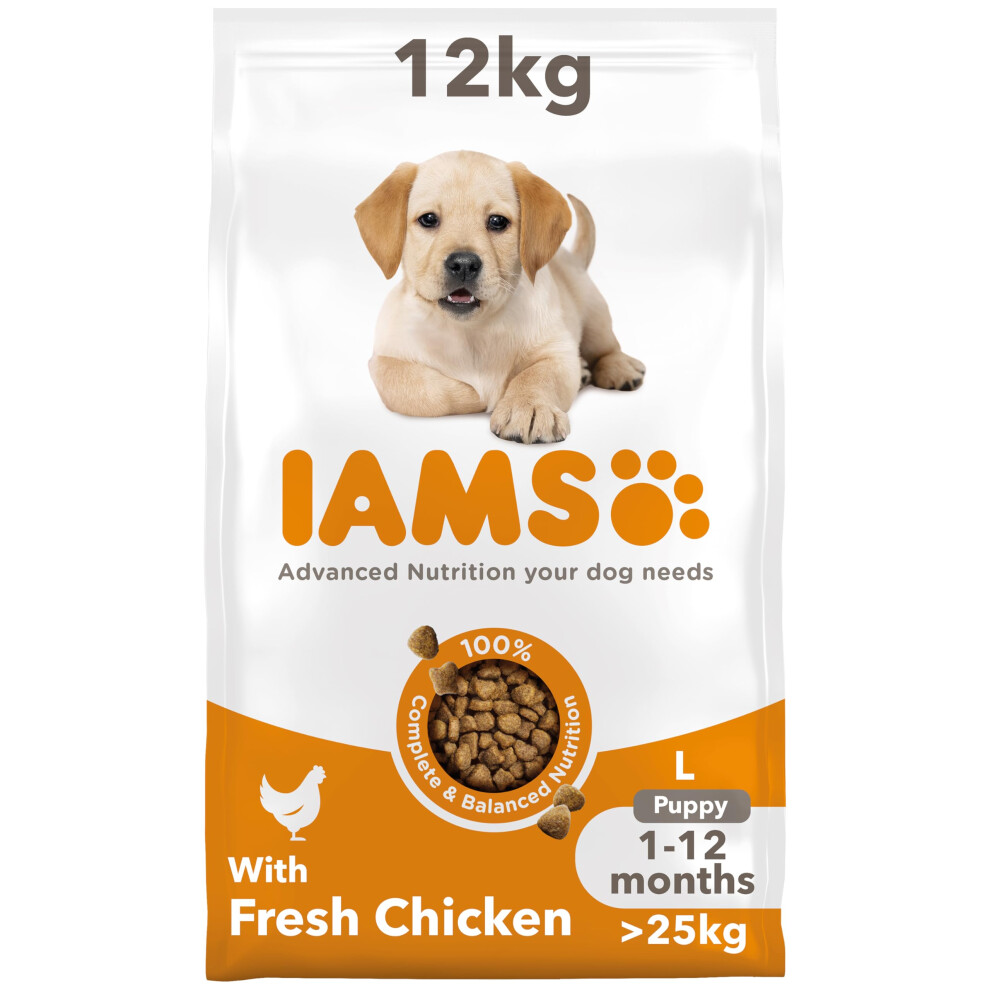 New Iams Complete Dry Dog Food For Puppy Large Breeds With Chicken 12 Kg 8.71E+12