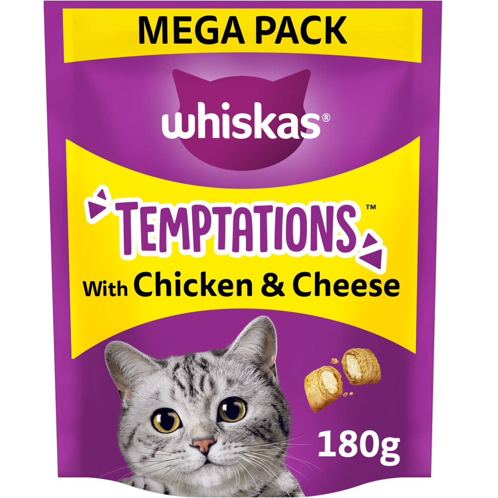 WHISKAS Temptations - Tasty, Crunchy Treats for Adult Cats, Small Bite Size Snacks with a Delicious Chicken and Cheese Filling, 4 x 180 g Packets -