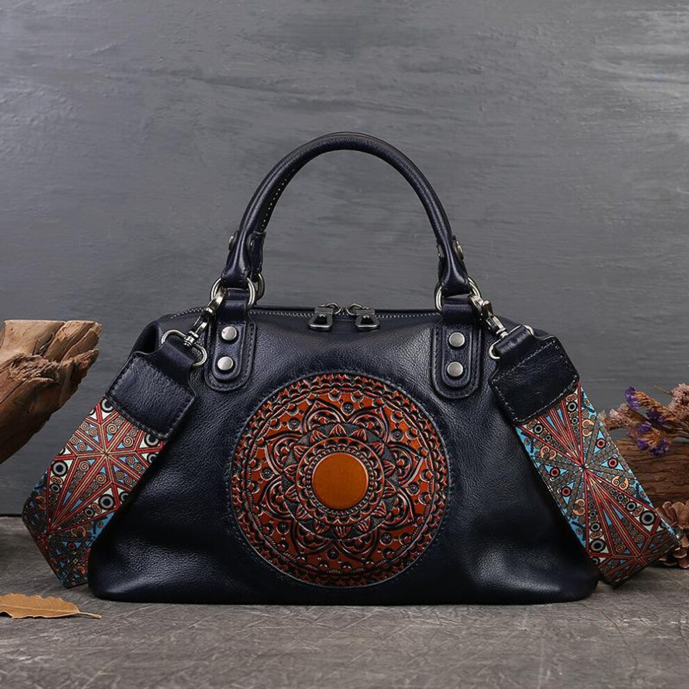 (dark grey) Johnature Handmade Retro Totem Women Handbag Genuine Leather Versatile Casual Tote Real Soft Cowhide Shoulder Bags
