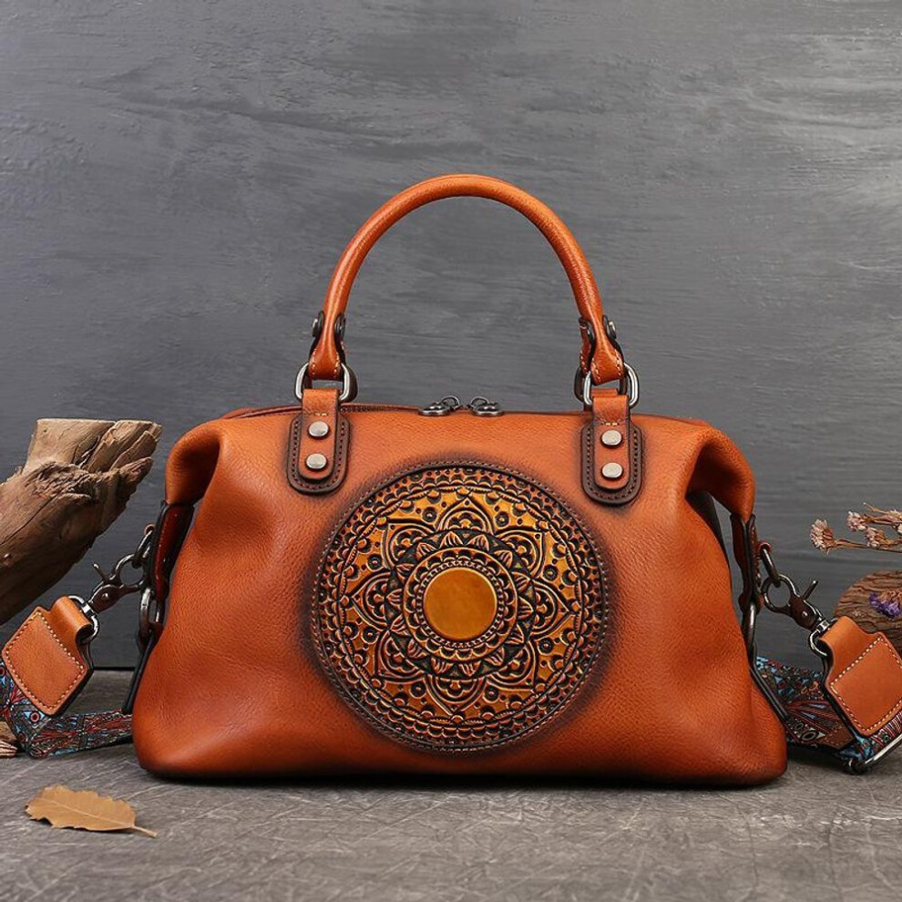 (brown) Johnature Handmade Retro Totem Women Handbag Genuine Leather Versatile Casual Tote Real Soft Cowhide Shoulder Bags
