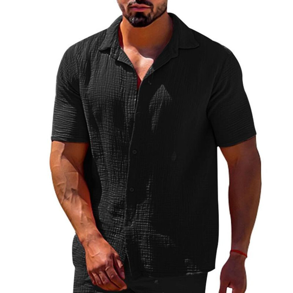 (black, M) Men&apos;s Summer Large Size Button Up Cotton Linen Shirt Man Lapel Solid Color Short Sleeve Tops