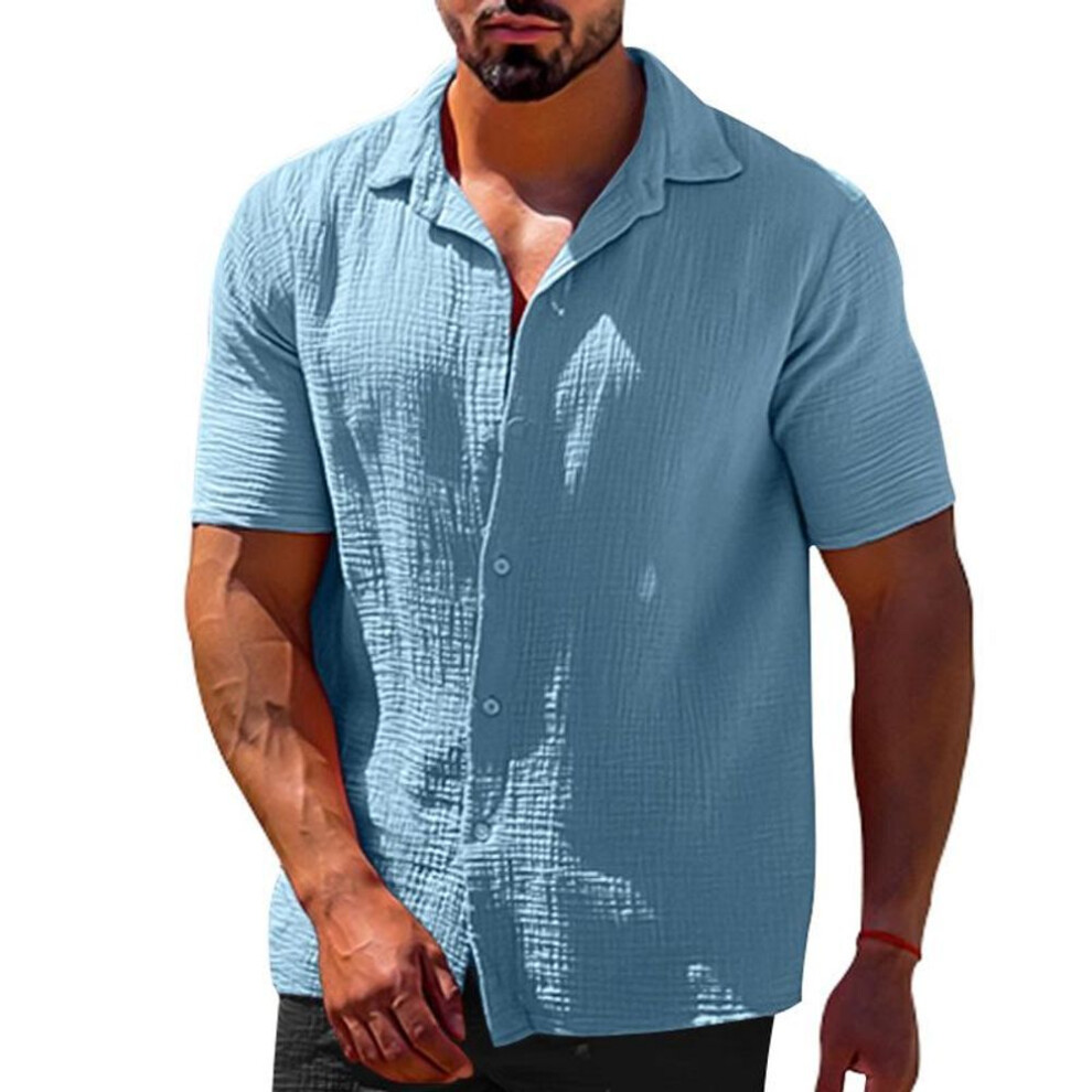 (light blue, L) Men&apos;s Summer Large Size Button Up Cotton Linen Shirt Man Lapel Solid Color Short Sleeve Tops