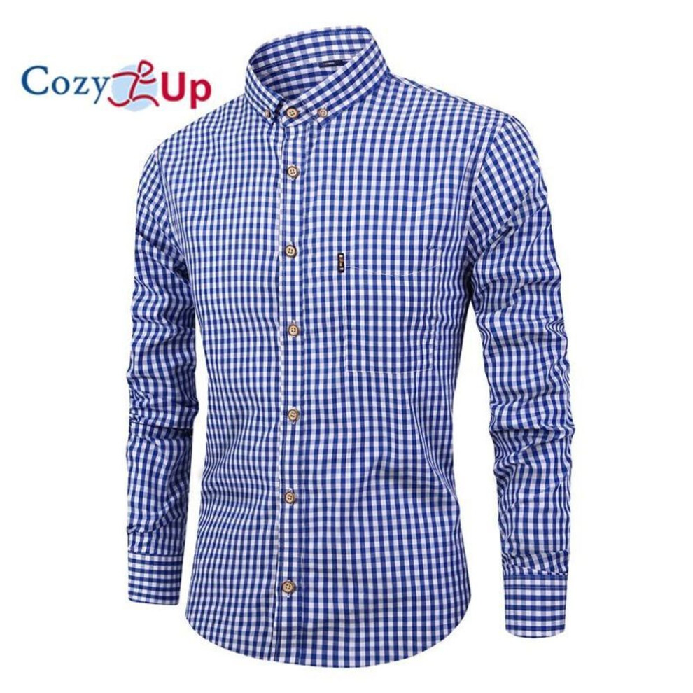 (navy blue, L) Cozy Up Men Plaid Cotton Casual Slim Fit Long Sleeve Button Down Dress Shirts