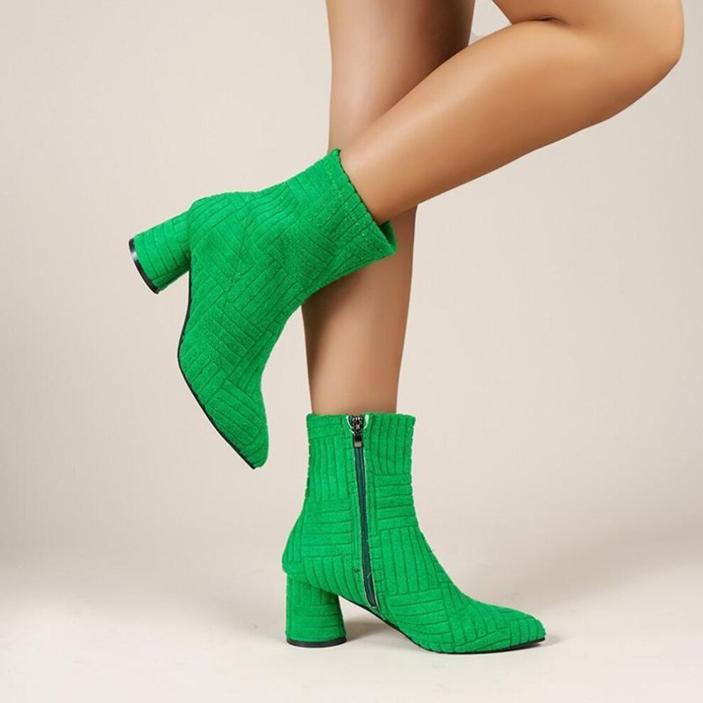 (green, 36) Women&apos;s Sock Boots Chunky Heel Ankle Boots Pointed Toe Elastic Autumn Side Zipper High Heeled Mid Calf Booties