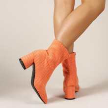 (orange, 38) Women's Sock Boots Chunky Heel Ankle Boots Pointed Toe Elastic Autumn Side Zipper High Heeled Mid Calf Booties