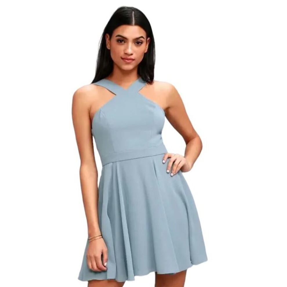 (sky blue, L) Women Sleeveless Backless Sexy Club Mini Dress 2024 Summer Party Strappy Back Zipper Solid Shift Halter Short Dresses