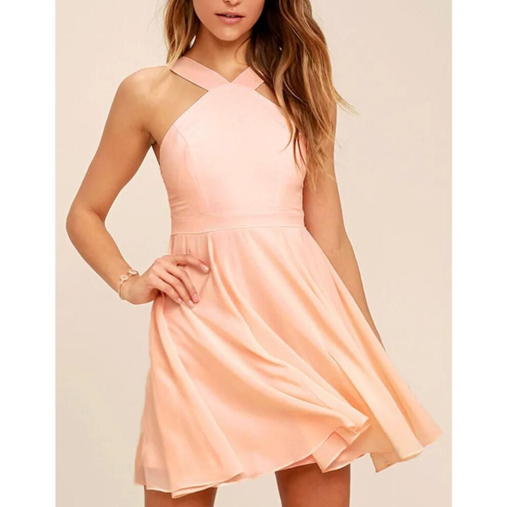 (pink, XXXL) Women Sleeveless Backless Sexy Club Mini Dress 2024 Summer Party Strappy Back Zipper Solid Shift Halter Short Dresses