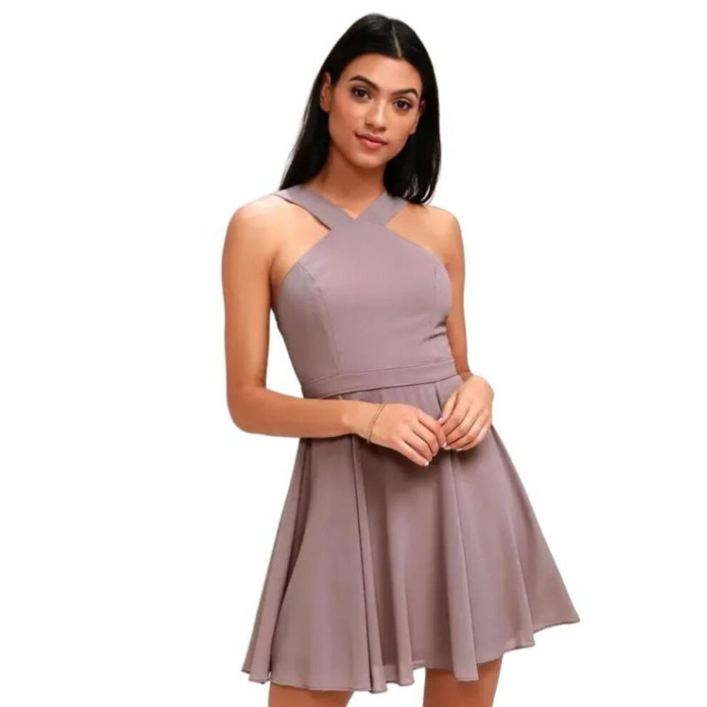 (light brown, XXXL) Women Sleeveless Backless Sexy Club Mini Dress 2024 Summer Party Strappy Back Zipper Solid Shift Halter Short Dresses