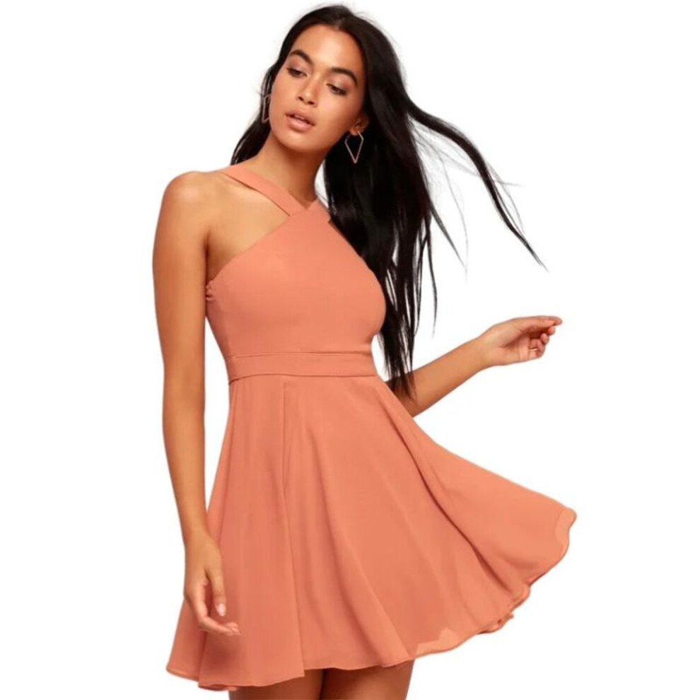 (coffee, S) Women Sleeveless Backless Sexy Club Mini Dress 2024 Summer Party Strappy Back Zipper Solid Shift Halter Short Dresses