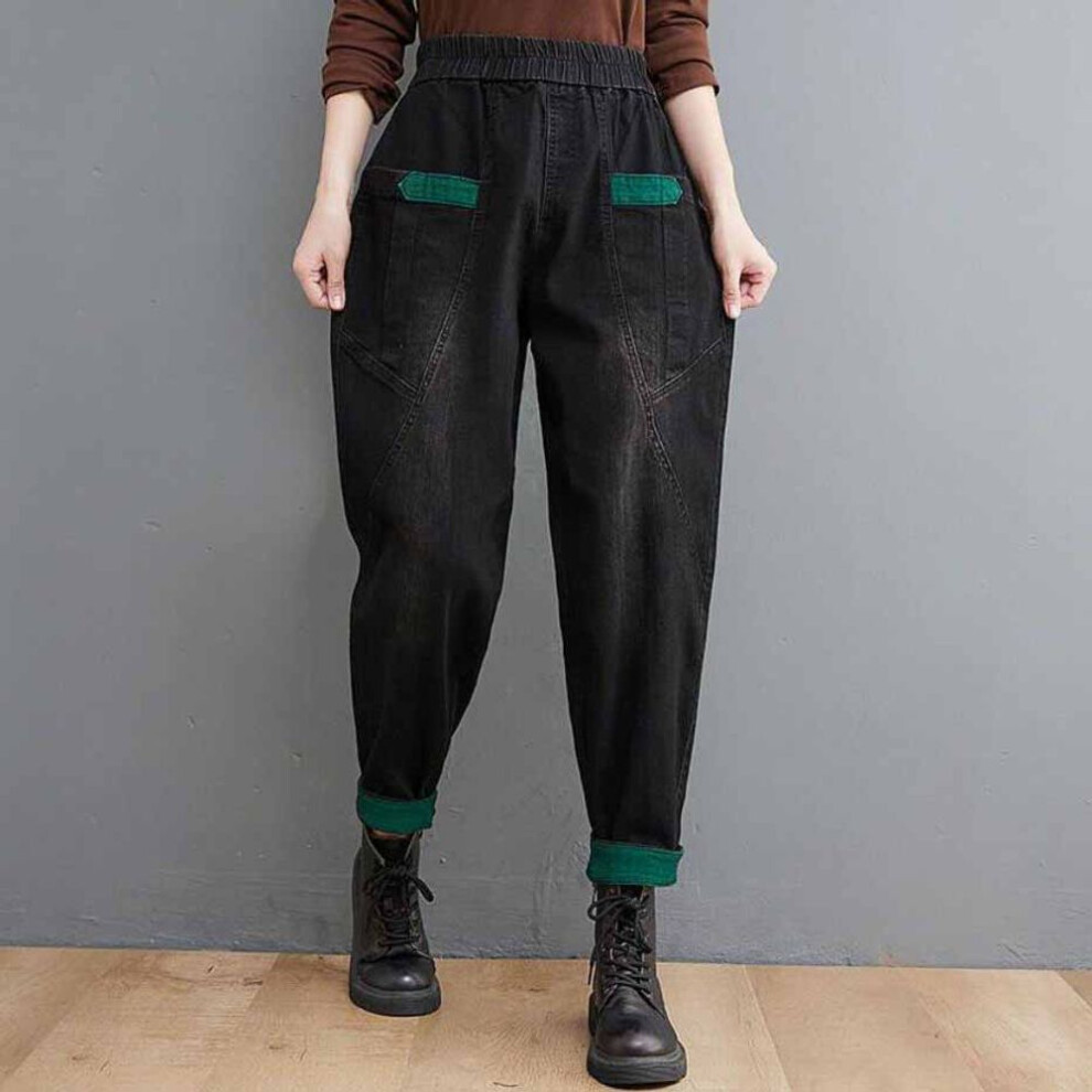 (black, XXL) Loose Large Size High Waist Harem Jeans Women&apos;s Elastic Waist Wide Leg Pants