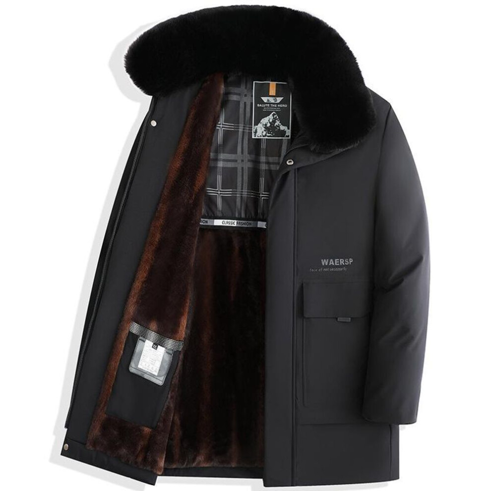 (black, XXXXL) Men&apos;s Winter Warm Fleece Lined Business Jacket Outdoor Windproof Multi-Pocket Coat with Fur Collar for Male Long Jackets Fashion Casual Parka