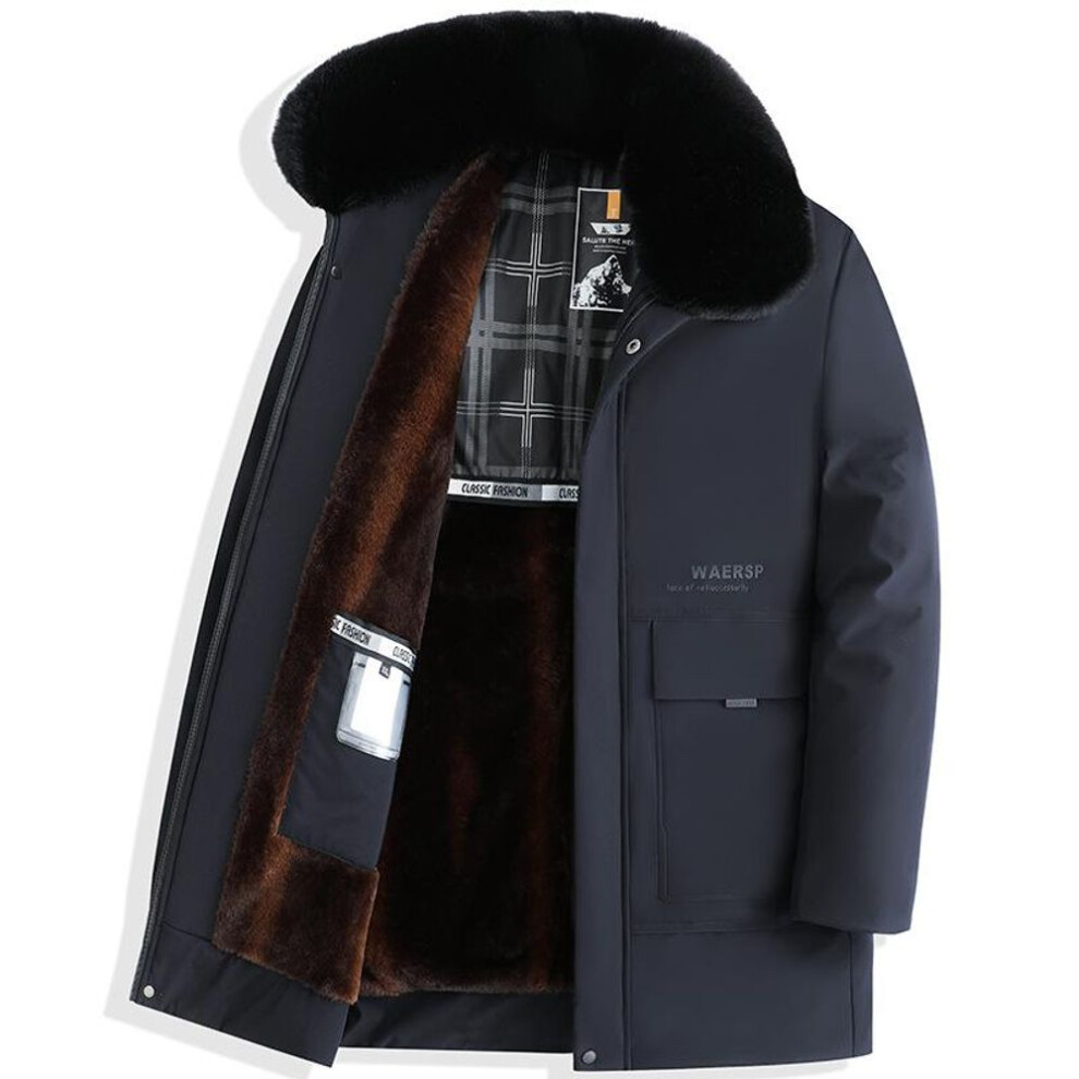 (navy, XL) Men&apos;s Winter Warm Fleece Lined Business Jacket Outdoor Windproof Multi-Pocket Coat with Fur Collar for Male Long Jackets Fashion Casual Parka
