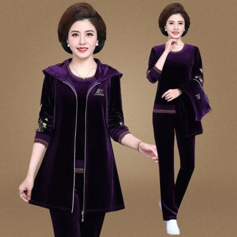 (purple, M) Mom&apos;s Velvet Tracksuit Women Embroidered Plus Size 3 Piece Outfit Casual Zip Up Hooded Waistcoat + T-Shirt + Pants Set Sweatsuit