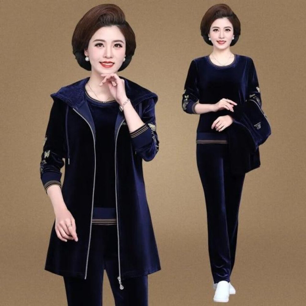 (royal blue, 4XL) Mom&apos;s Velvet Tracksuit Women Embroidered Plus Size 3 Piece Outfit Casual Zip Up Hooded Waistcoat + T-Shirt + Pants Set Sweatsuit