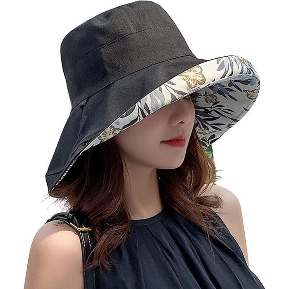 (Black) Wide Brim Cotton Summer Hat Women Packable Reversible Floral Bucket Hat UV Sun Protection Wide Brim Summer Beach Cap Double sided Floppy Sun Hats